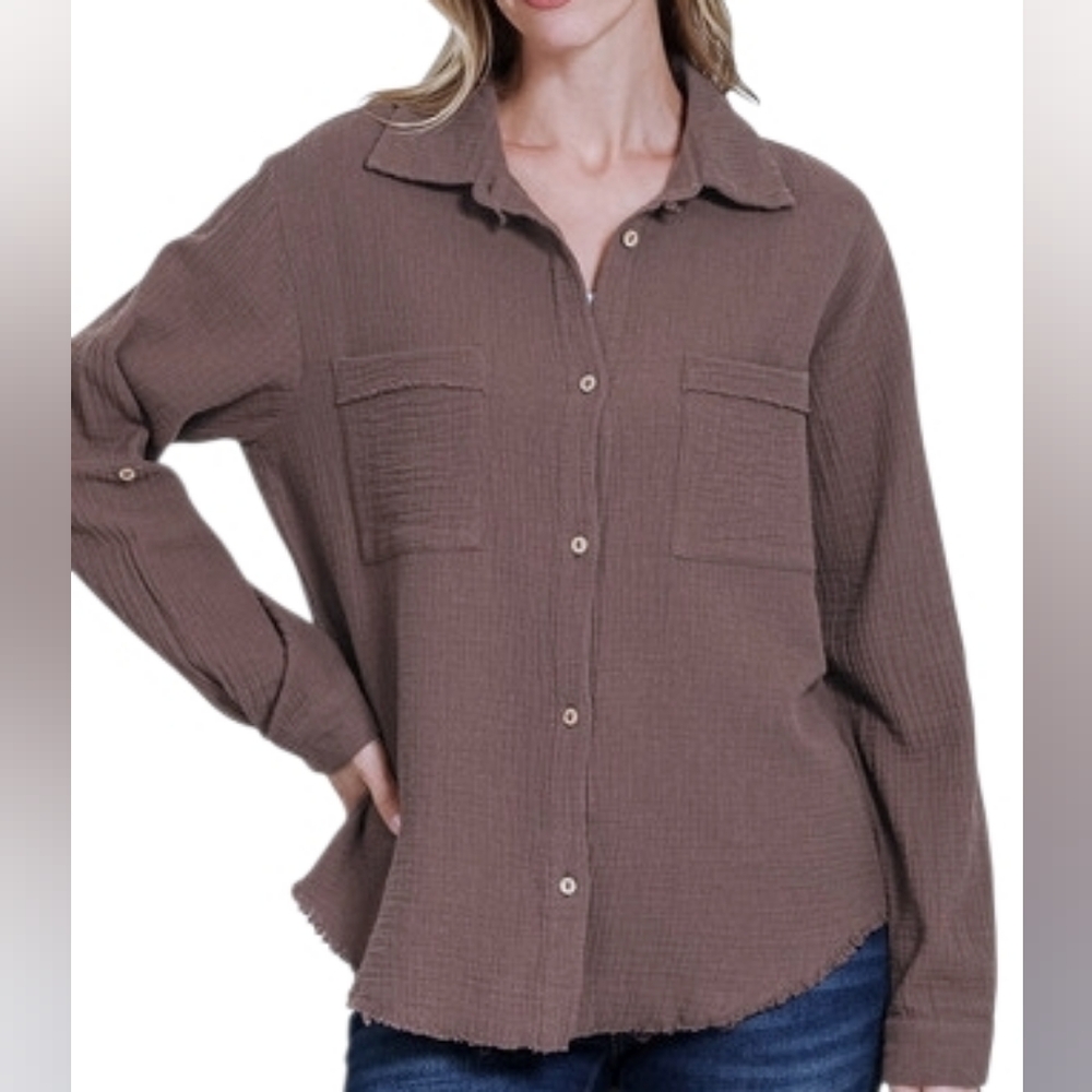 New Zenana Cotton Top Womens Size M Brown Button Down Neutral Western